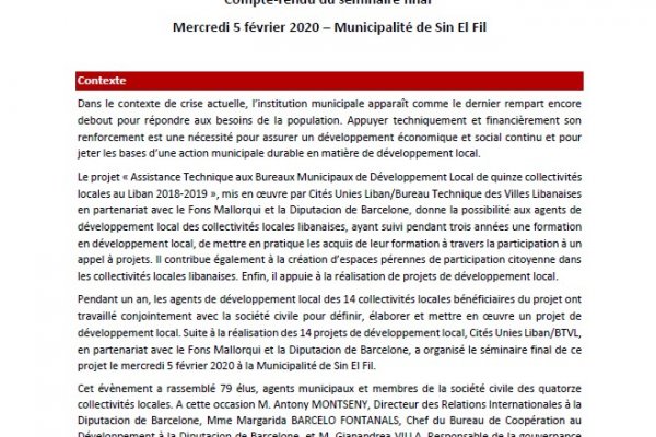 Séminaire final - Projet d’assistance technique aux Bureaux Municipaux de Développement Local de quinze collectivités locales au Liban